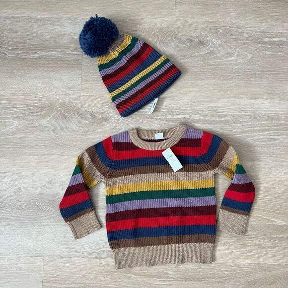 baby GAP Stripes Hat, Pom Pom Beanie, Rolled Cuff Rim, Toddler M/L - Picture 9 of 9